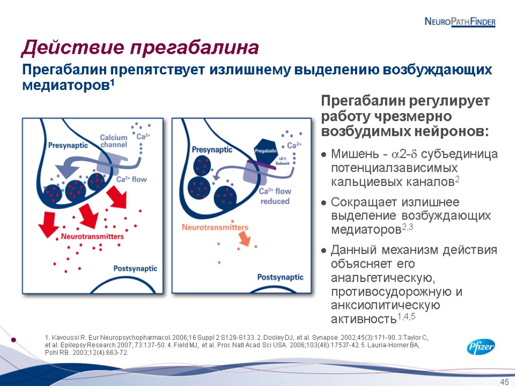 45 Действие прегабалина 1. Kavoussi R. Eur Neuropsychopharmacol. 2006;16 Suppl 2:S128-S133. 2. Dooley DJ,